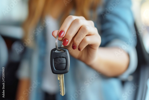 Close up of woman with her new car key in showroom.