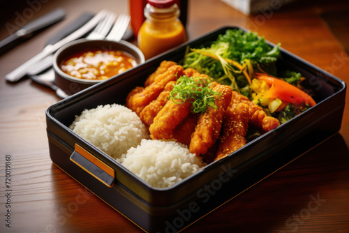 
Wide-angle shot of a bento lunch in a casual dining setting, featuring a box with katsu curry and rice