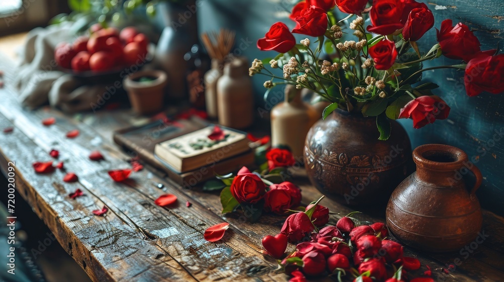 Elegant Valentine's Day decoration, with red roses arranged on a table Elegant Valentine's Day decoration, with red roses arranged on a table