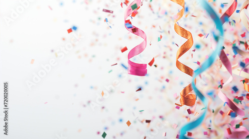 Colorful confetti and streamers against white background. Minimal birthday, New year and celebration concept