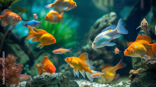 Colorful goldfish swimming in a vibrant aquarium.