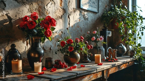 Valentine s Day decoration  with red roses arranged on a table