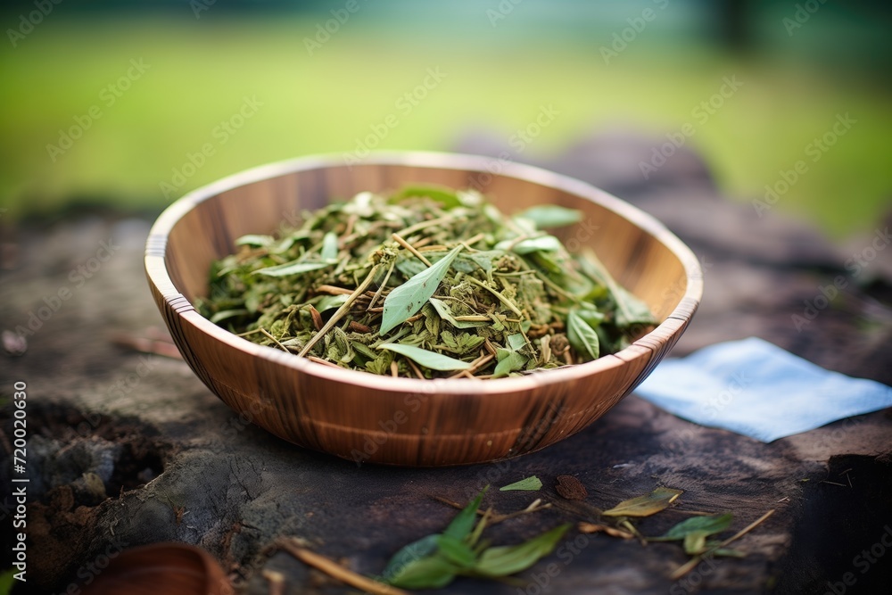 freshly picked tea leaves in a wooden bowl on the plantation soil freshly picked tea leaves in a wooden bowl on the plantation soil