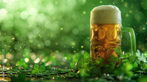 Celebrate St. Patrick's Day with a Refreshing Cold Beer and Shamrock Clovers - Irish Tradition and Decorations on Green Background photo