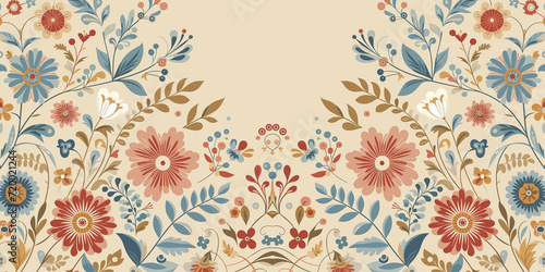 Seamless floral pattern with flowers and leaves, decorative fabric textile design, Vector illustration, generative ai