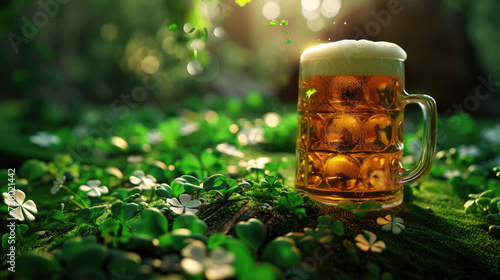 Celebrate St. Patrick's Day with a Refreshing Cold Beer and Shamrock Clovers - Irish Tradition and Decorations on Green Background photo