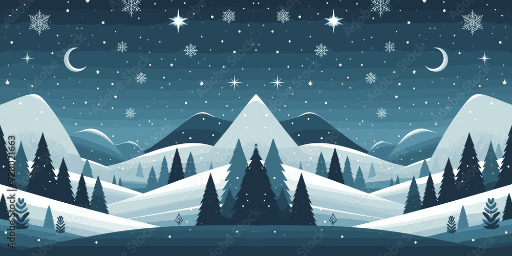 Winter night landscape with snowy mountains and pine trees. Vector illustration, winter background, generative ai