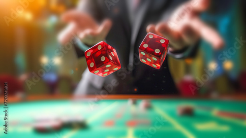 man at a casino table throwing dice, with blurred background