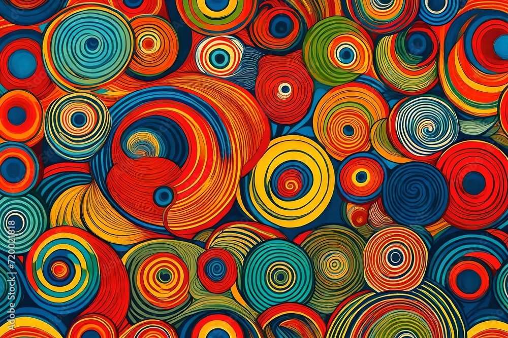 Spirals of retro allure grace the canvas in an abstract illustration, forming a seamless pattern of circles against a backdrop of lively primary colors.