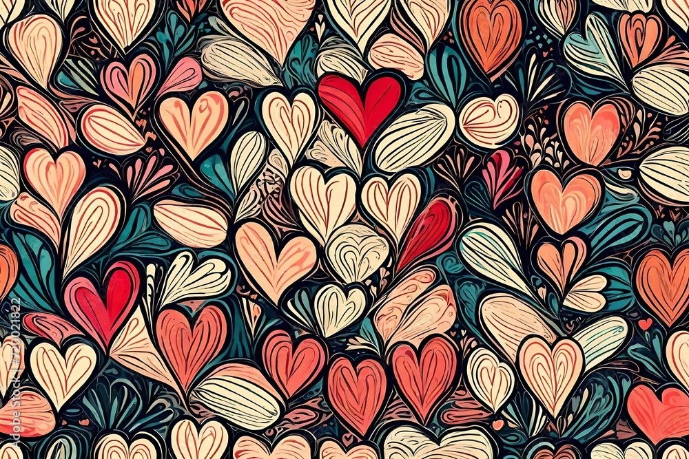 A burst of creativity unfolds with hearts in an abstract masterpiece, forming a seamless pattern adorned with the timeless charm of retro-inspired romantic colors.