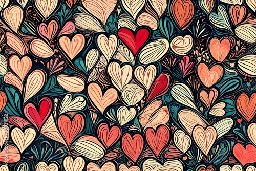 A burst of creativity unfolds with hearts in an abstract masterpiece  forming a seamless pattern adorned with the timeless charm of retro-inspired romantic colors.