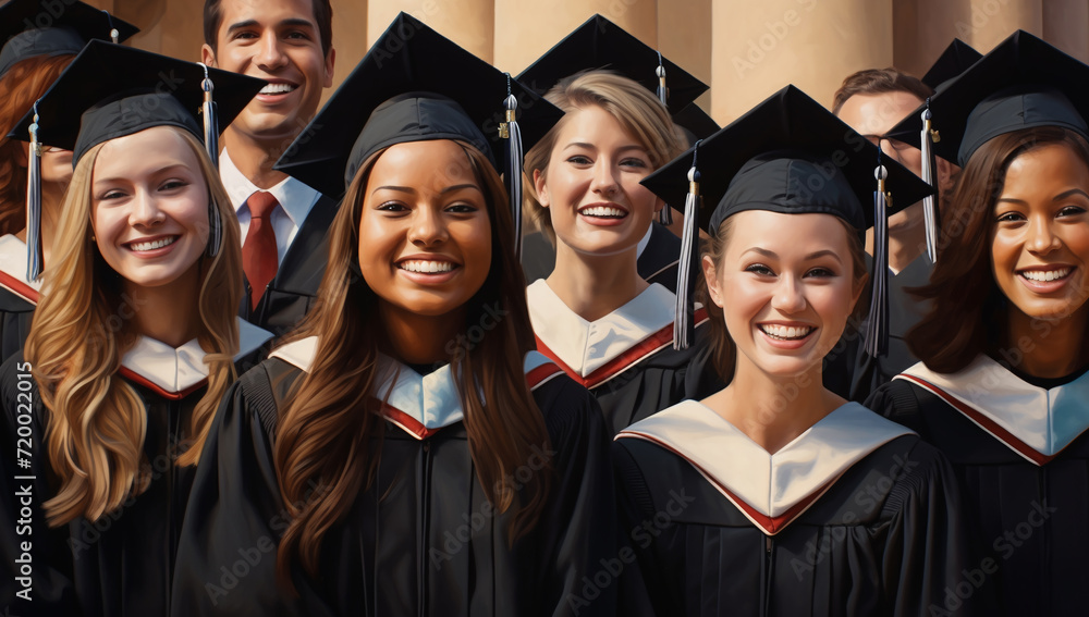 Obraz premium education, graduation and people concept - group of smiling students in mortarboard and bachelor gowns. happy graduate girl in cap and gown with diploma at graduation ceremony outdoors. happy students