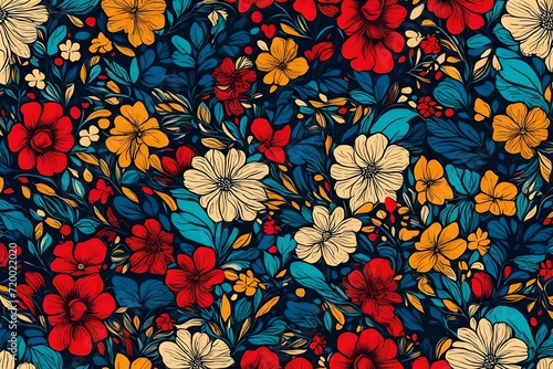 Dynamic and sophisticated, an abstract print comes to life with flowers, forming a seamless pattern against a backdrop of vibrant primary colors in retro style.