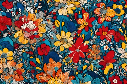 Playful and sophisticated  an abstract masterpiece unfolds with flowers in a seamless pattern  bathed in the lively brilliance of primary colors.