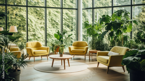 Cozy waiting lounge with green houseplants and large windows