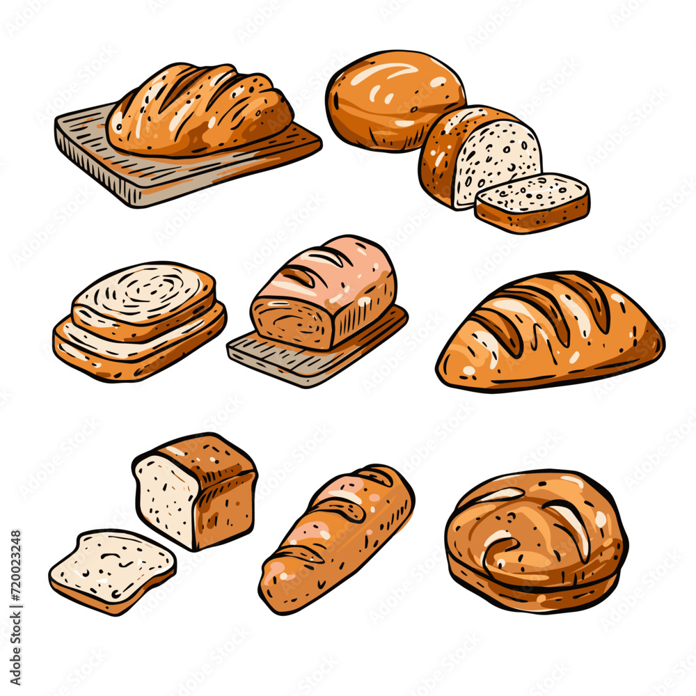 Hand drawn bakery bread set doodle elements. Sketch art vector illustration. Hand drawn bakery bread set doodle elements. Sketch art vector illustration.