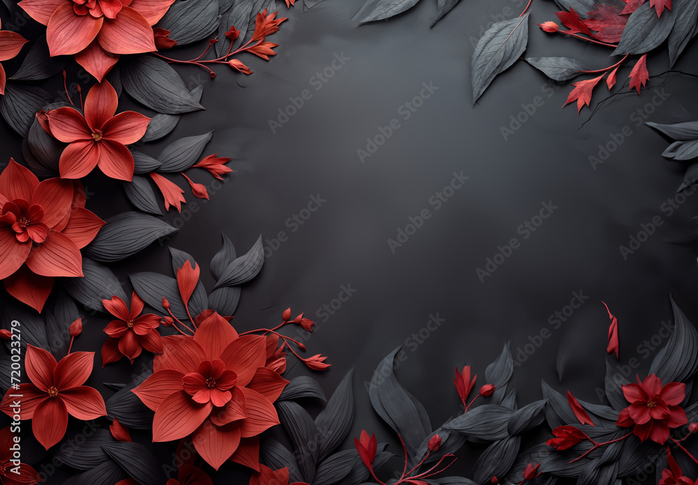 a red flower arrangement on a dark grey background, template with border, greeting card, invitation, wedding design, space for text, mothers day, 8 march a red flower arrangement on a dark grey background, template with border, greeting card, invitation, wedding design, space for text, mothers day, 8 march