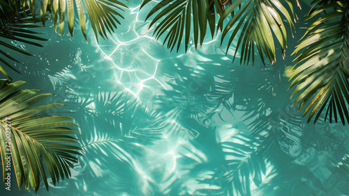 Soothing view of sunlight on a tropical pool surrounded by palm leaves  perfect for summer and travel themes.