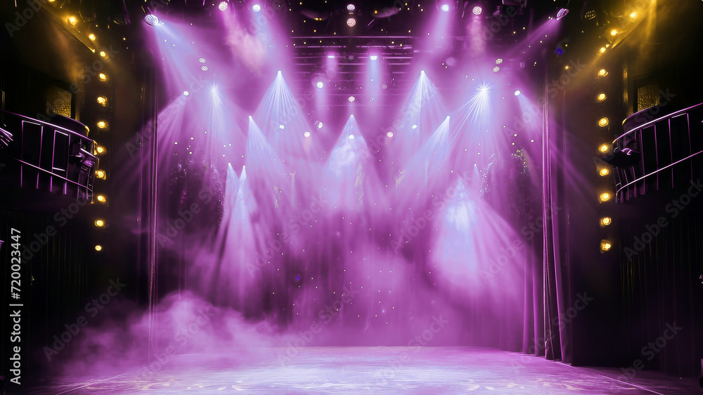 An empty stage with dramatic purple lighting and spotlights, ready for a concert or theater performance.