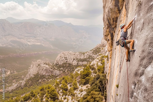 A climber ascending a steep rock face in a rugged mountain landscape, showcasing the thrill of outdoor rock climbing.