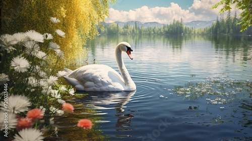 White swan gracefully floating on the lake with flowers