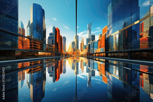 Reflective skyscrapers, business office buildings, Reflective Skyscrapers Business office buildings, low angle view of skyscrapers in city, sunny day. Business wallpaper. Ai generated
