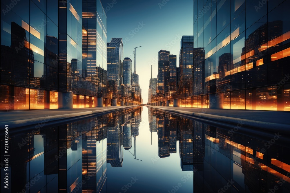 Obraz premium Reflective skyscrapers, business office buildings, Reflective Skyscrapers Business office buildings, low angle view of skyscrapers in city, sunny day. Business wallpaper. Ai generated