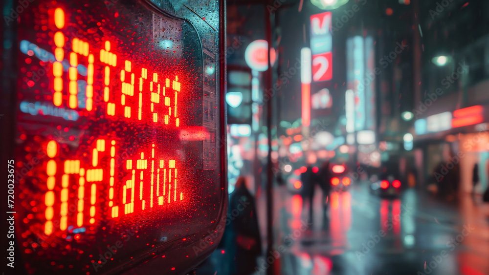 Rainy city night scene with red neon led lights displaying interest and inflation.