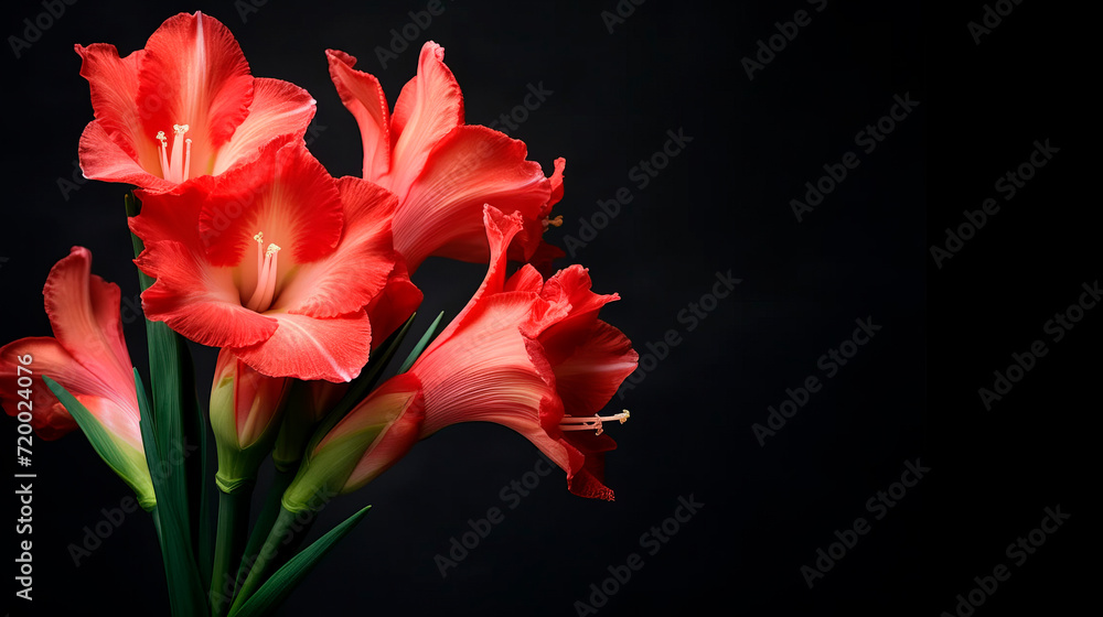 Fototapeta premium gladiolus flower on a dark background with a place for text
