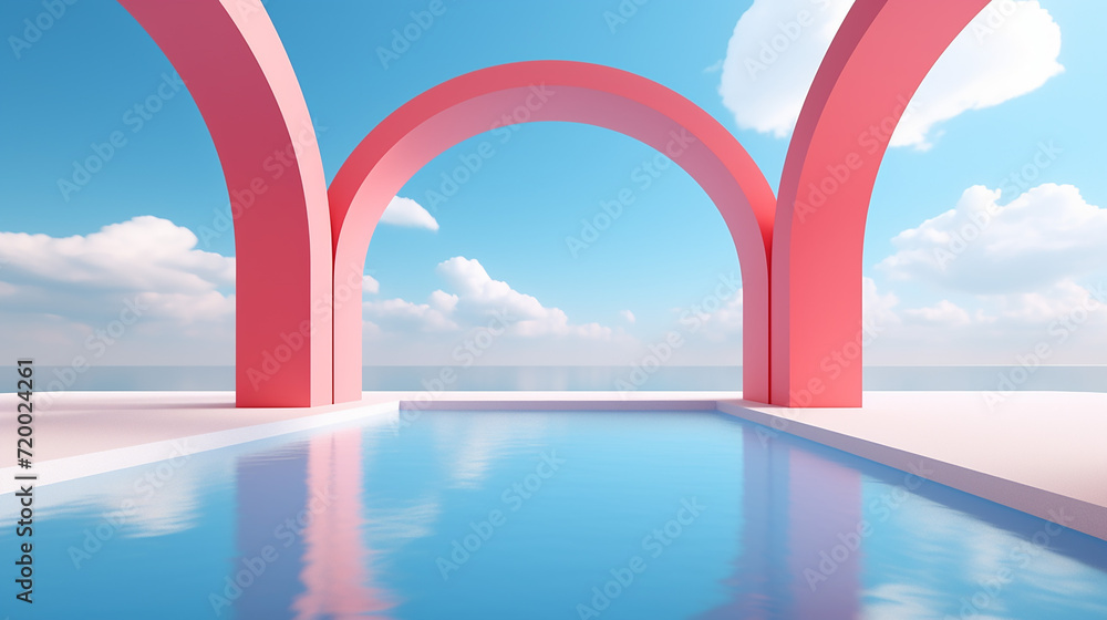  surreal seascape with red arches and white clouds in the blue sky. Modern minimal abstract background with simple. 3d render