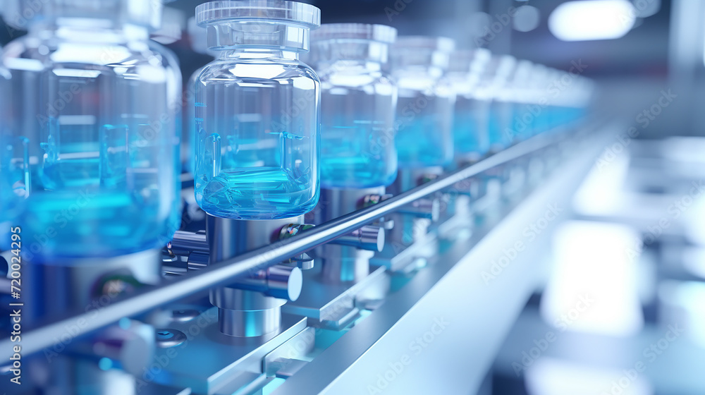 pharmaceutical manufacture background with glass bottles with clear liquid on automatic conveyor line. pharmaceutical manufacture background with glass bottles with clear liquid on automatic conveyor line.