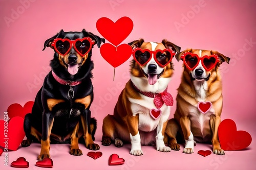 three different creede dogs with heart, funny dog animals, posing as model wearing red heart-shaped glasses photo