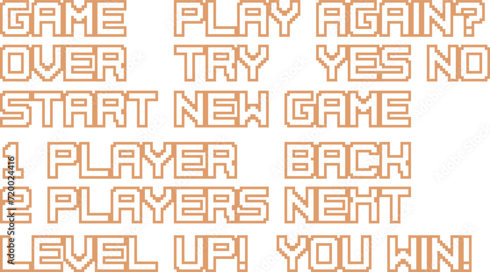 Pixel art game phrases set. Retro 8-bit style vector illustration set. Pixel art game phrases set. Retro 8-bit style vector illustration set.