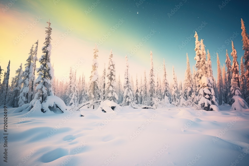 aurora seen over a snow-covered forest in winter