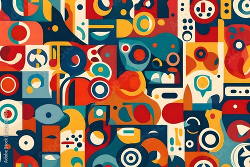 Harmony meets vibrancy as abstract shapes converge in a seamless pattern  bathed in the allure of trendy primary colors in retro style.