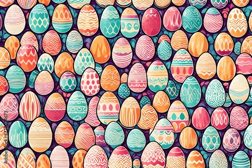 Playful and vibrant, an illustration features interlocking Easter eggs in a retro-style print, creating a seamless pattern against a backdrop of trendy pastel colors.