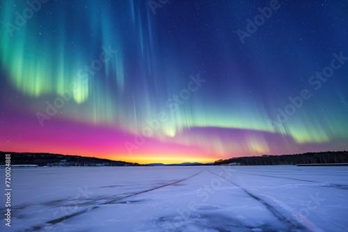 multi-color aurora spanning night sky over a frozen lake
