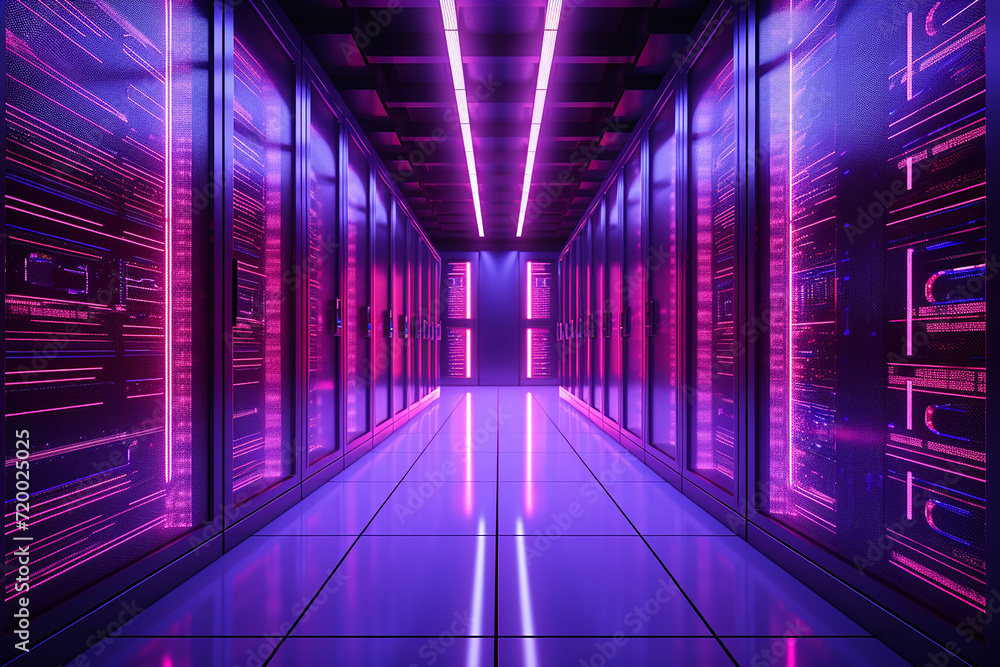 Generative AI Image of Modern Data Center in Server Room with Purple Neon Lights