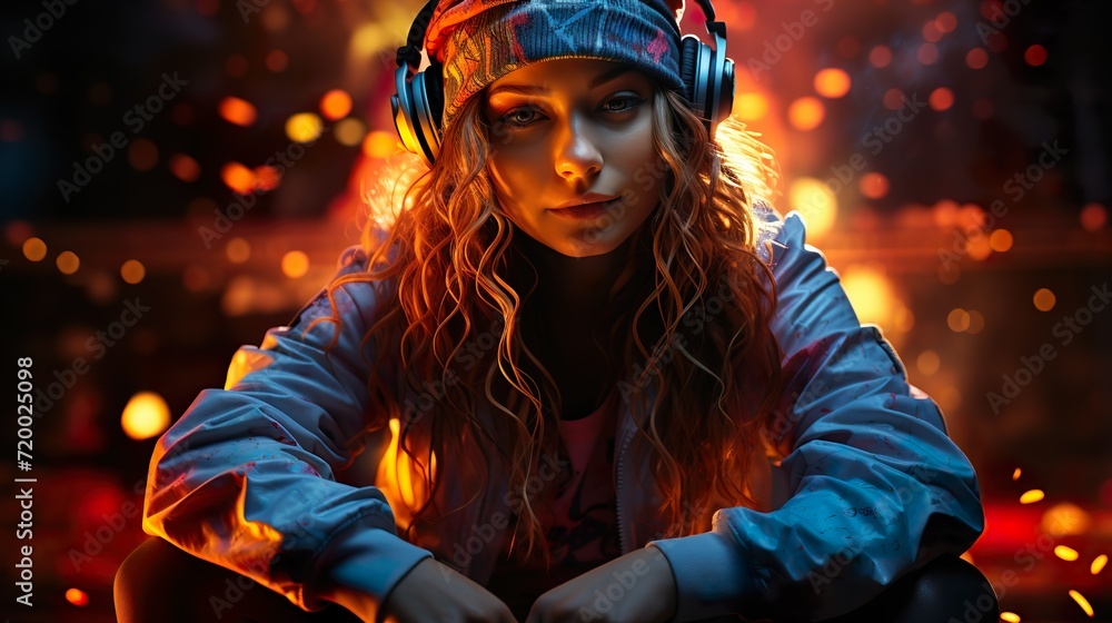 Thoughtful Woman with Curly Hair and Headphones in Neon Setting Thoughtful Woman with Curly Hair and Headphones in Neon Setting
