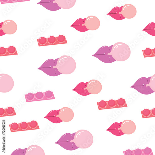 Bubble gum seamless pattern. Chewing candy in stick, pads, bubblegum pack vector illustrations. Cute background for sweets store packaging, pink white color.