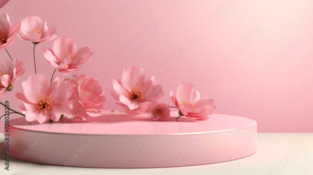 Abstract background with pink flowers and a podium