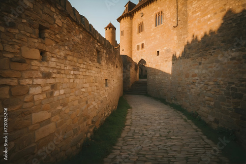 Majestic Inner Cobblestone Walkway to a Castle Entrance Background Wallpaper Generative AI