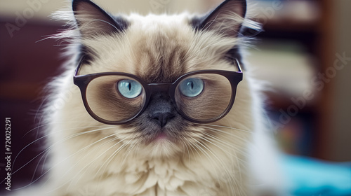 A Birman Cat looking at Camera with Eyeglasses. Funny and Cute image. photo
