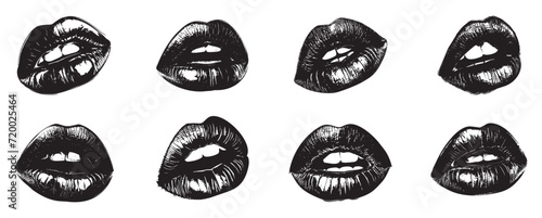 Set of black silhouette of lips. Female sexy lips isolated on transparent background