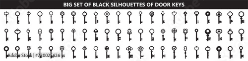 Big set of black silhouettes of door keys
