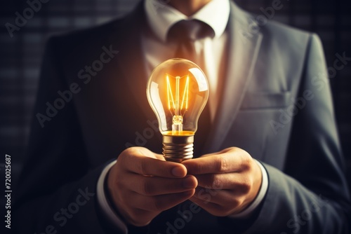 close up to a Businessman holding glowing light Businessman on blurred background using a glowing light bulb with his hand. Ai generated