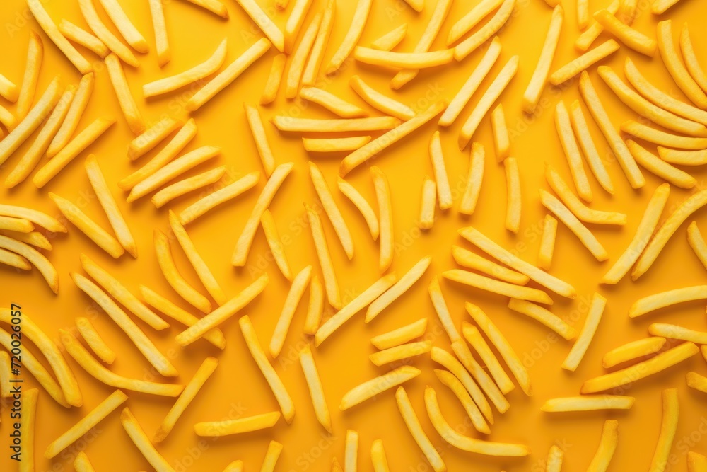 Obraz premium Overhead view, full frame of french fries on yellow background.