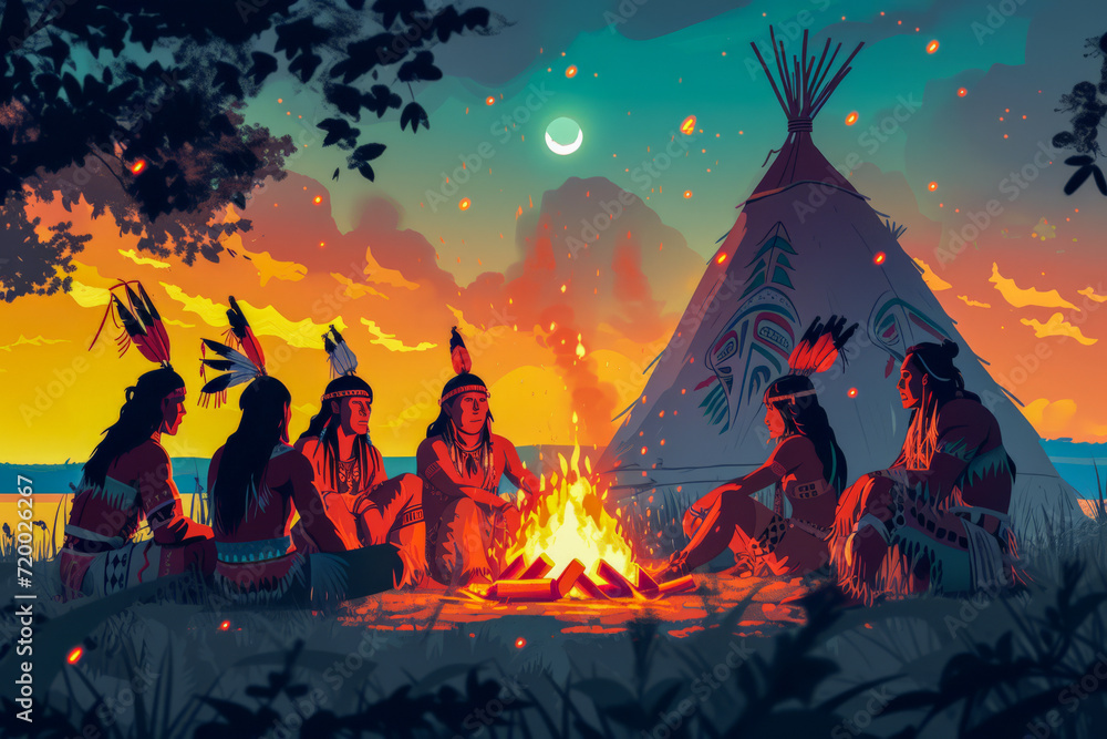 native american Indigenous people sitting near the bonfire on circle near the wigwam at night on full moon