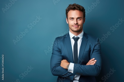 Happy handsome businessman against a minimalist backdrop . Ai generated
