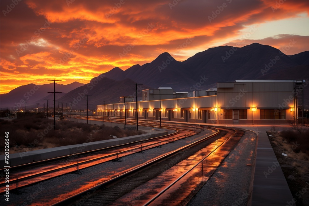 Train tracks at sunset with colorful sky and mountains in the background